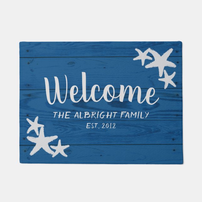 Rustic Wood Starfish Turkish Sea Blue Doormat (Front)
