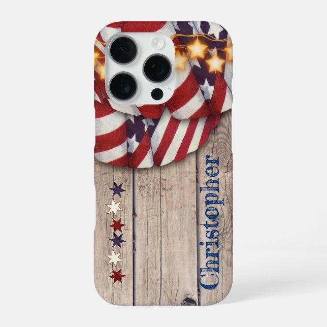 Rustic Wood Stars Patriotic Red White Custom Name  iPhone Case (Back)