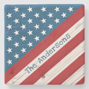 Rustic Wood Stars Stripes USA Flag Name Patriotic Stone Coaster
