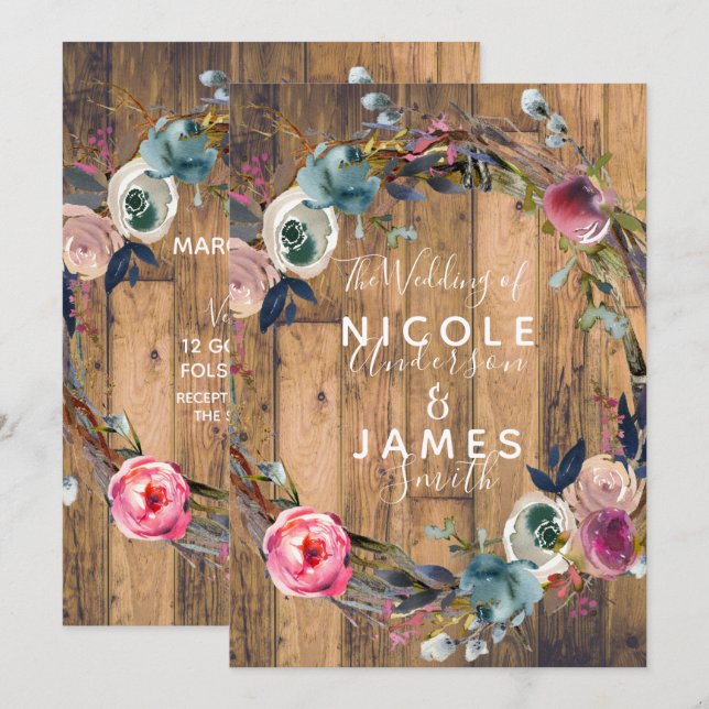 Rustic Wood Stick Floral Wreath Botanical Wedding Invitation (Front/Back)
