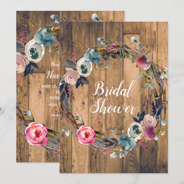 Rustic Wood Stick Floral Wreath Bridal Shower Invitation (Front/Back)