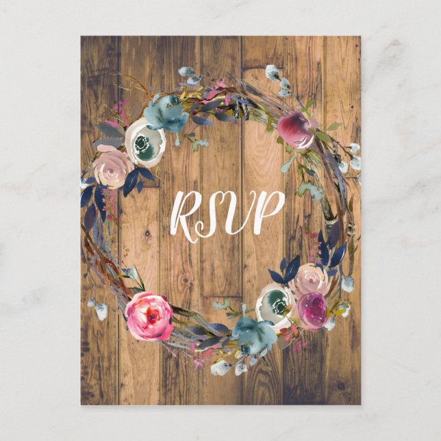 Rustic Wood Stick Floral Wreath Modern RSVP Invitation Postcard (Front)