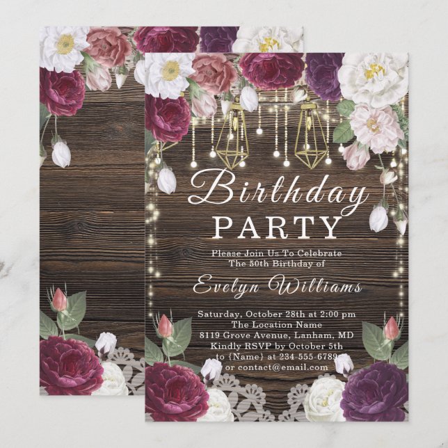 Rustic Wood string light Birthday Invitation (Front/Back)
