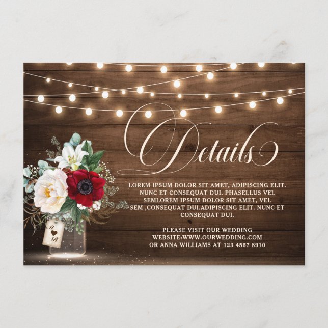Rustic Wood String Light Burgundy Wedding Details Enclosure Card (Front)