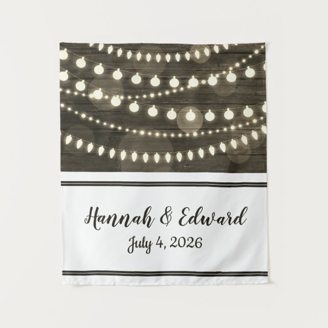 Rustic Wood String Light Custom Wedding Tapestry (Front)