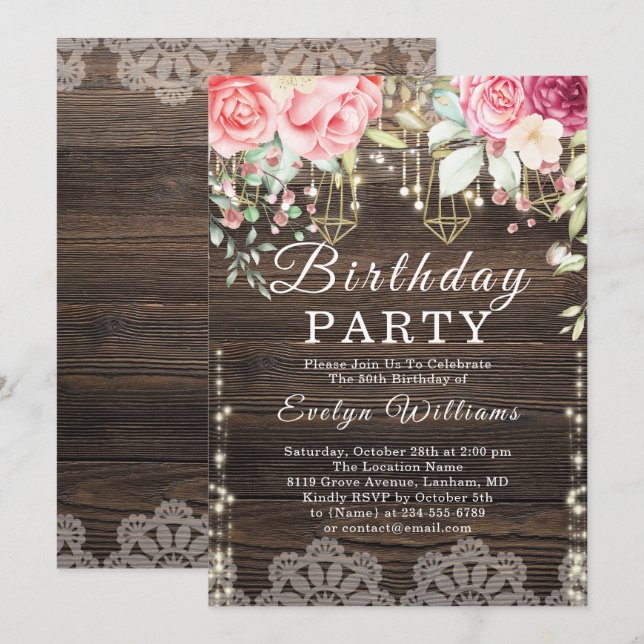 Rustic Wood string light Floral Birthday Invitation (Front/Back)