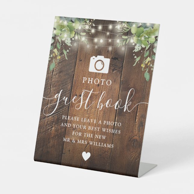 Rustic Wood String Light Greenery Photo Guest Book Pedestal Sign (Front)