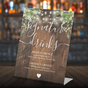 Rustic Wood String Light Greenery Signature Drinks Pedestal Sign