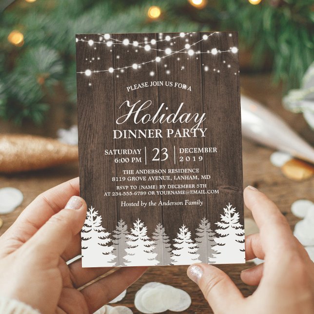 Rustic Wood String Light Pines Tree Holiday Party Invitation (Creator Uploaded)