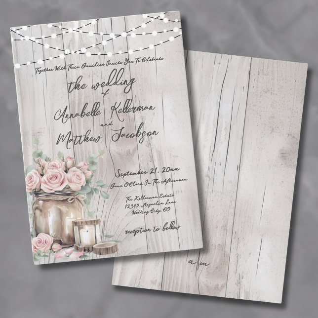 Rustic Wood String Light Roses Country Wedding Invitation (Rustic Wood String Light Roses Country Wedding Invitation)