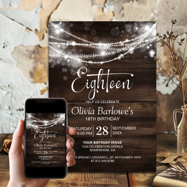 Rustic Wood String Lights 18th Birthday Party Invitation (Creator Uploaded)