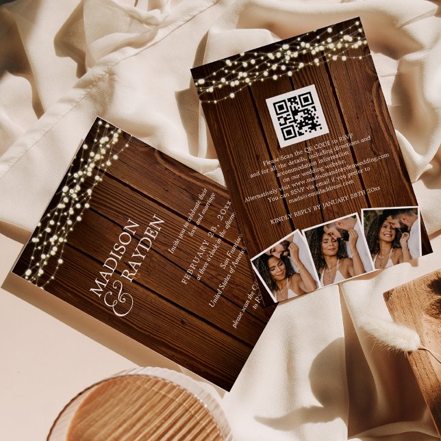 Rustic Wood String lights 3 Photos QR Code Wedding Invitation (Creator Uploaded)
