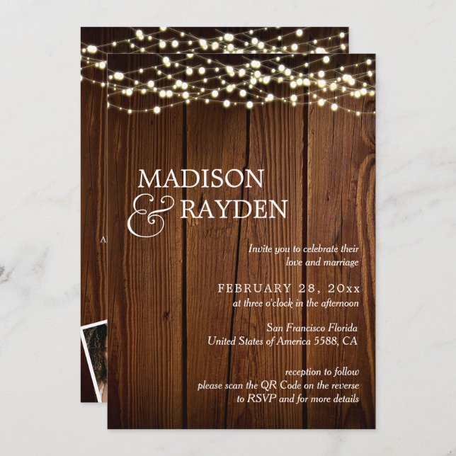 Rustic Wood String lights 3 Photos QR Code Wedding Invitation (Front/Back)