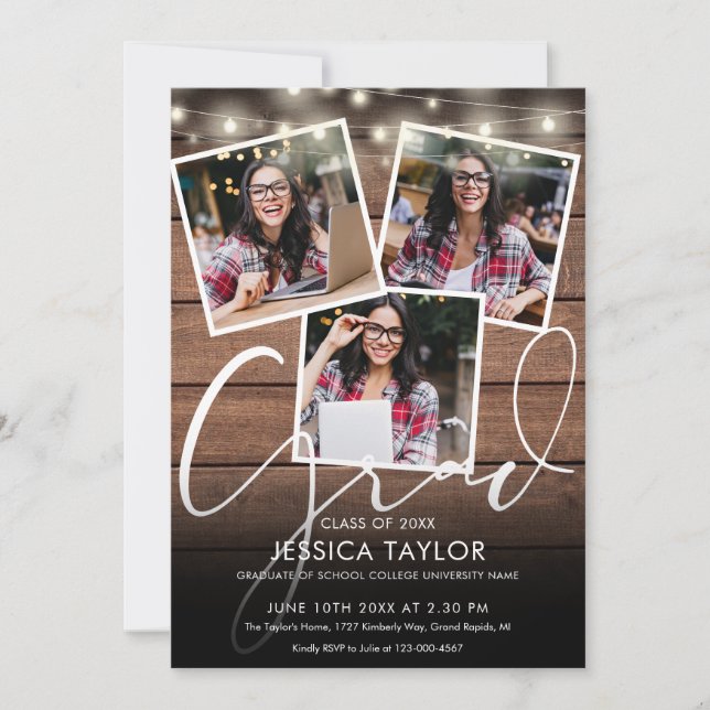 Rustic Wood String Lights 4 Photo Graduation Party Invitation (Front)