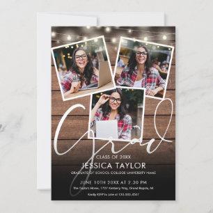 Rustic Wood String Lights 4 Photo Graduation Party Invitation