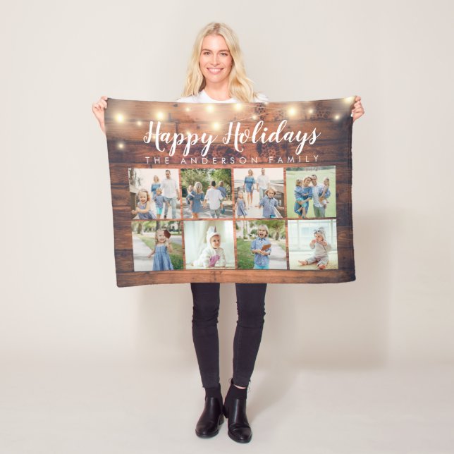 Rustic Wood String Lights 8 Photo Happy Holiday Fleece Blanket (In Situ)