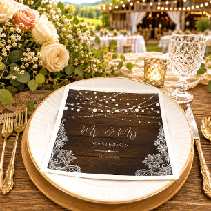 Rustic Wood String Lights and Lace Wedding Napkin
