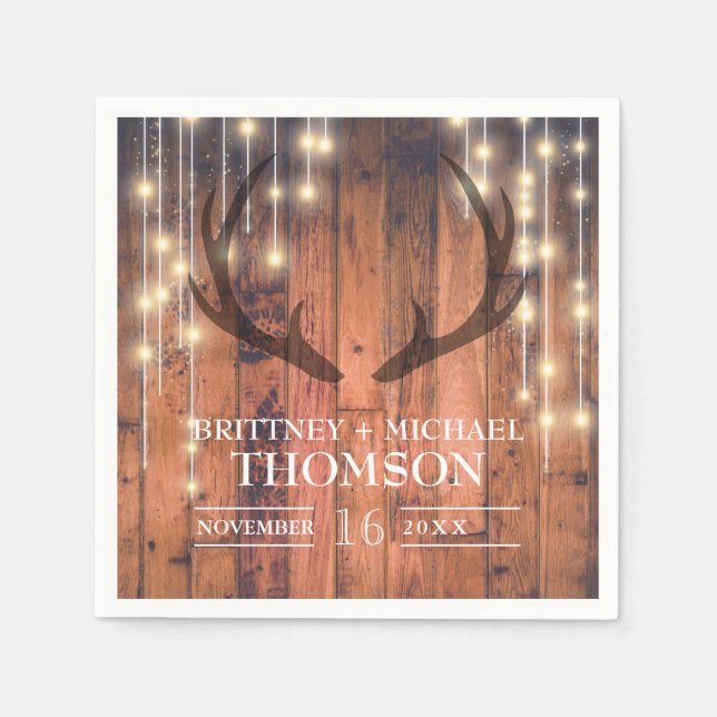 Rustic Wood String Lights Antler Napkin (Front)
