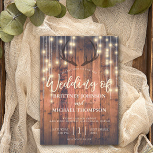 Rustic Wood String Lights Antler Wedding Invitation