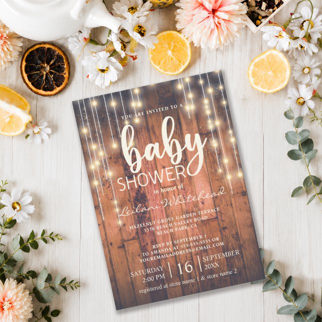 Rustic Wood String Lights Baby Shower Invitation (Gather your family and friends with this rustic wood string lights baby shower invitation.)