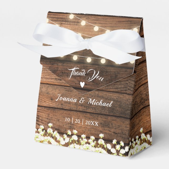 Rustic Wood String Lights  Baby's Breath & Lace Favor Box (Front Side)