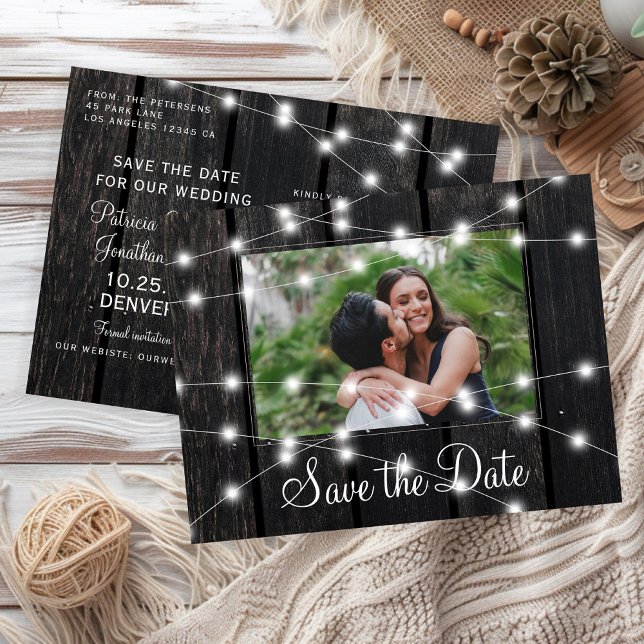 Rustic wood string lights barn save date wedding announcement postcard (Creator Uploaded)