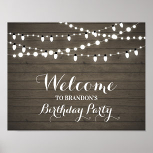 Rustic Wood & String Lights Birthday Welcome Sign