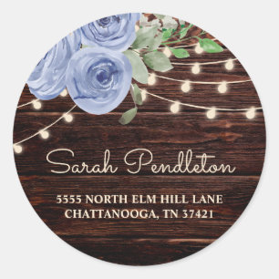 Rustic Wood String Lights Blue Floral Address Classic Round Sticker