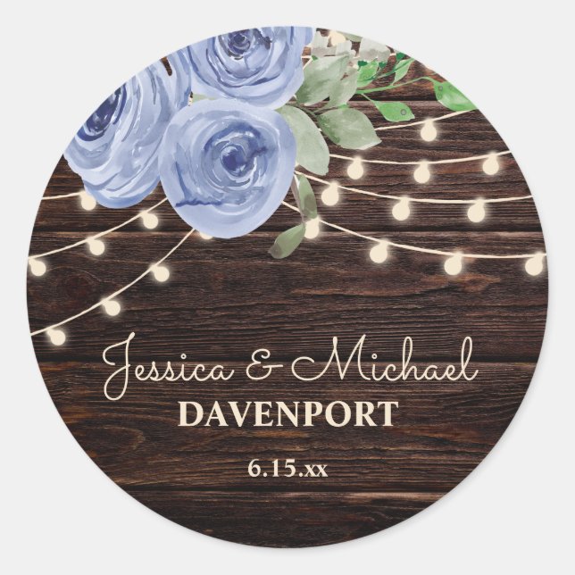 Rustic Wood String Lights Blue Floral Wedding Classic Round Sticker (Front)