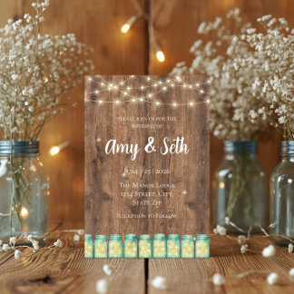 Rustic Wood String Lights Blue Mason Jar Wedding Invitation