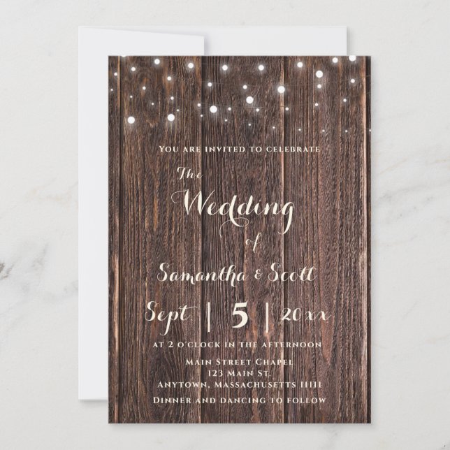 Rustic Wood String Lights Boho Wedding Invitations (Front)