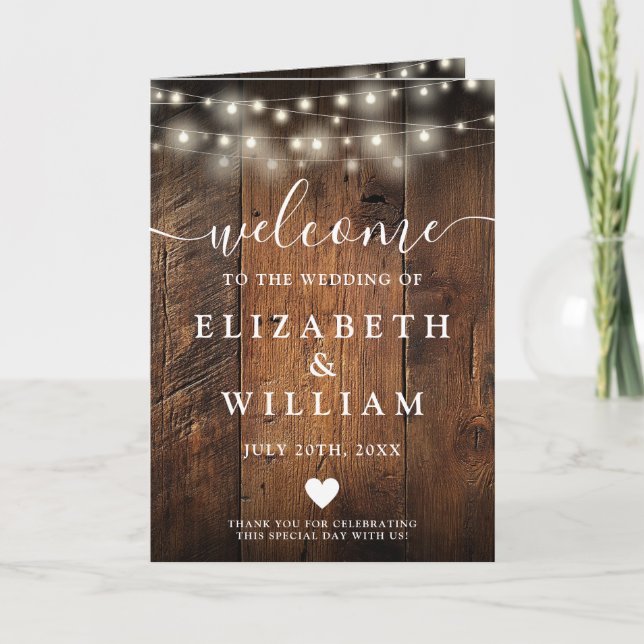 Rustic Wood String Lights Boho Wedding Program (Front)