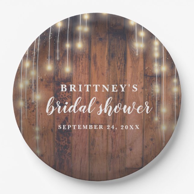 Rustic Wood String Lights Bridal Shower Paper Plate (Front)