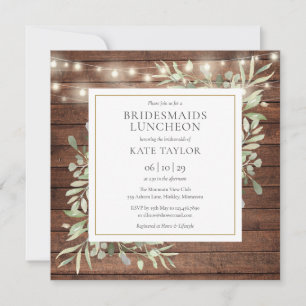 Rustic Wood String Lights Bridesmaids Luncheon Invitation