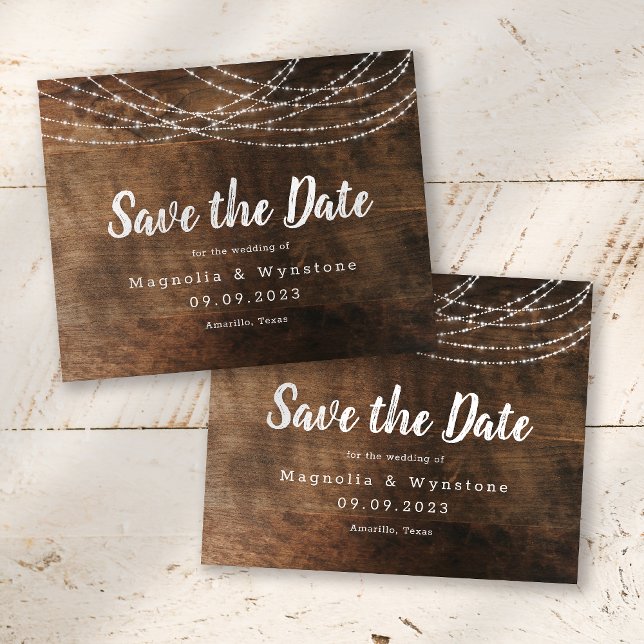 Rustic Wood String Lights Brush Script Wedding Sav (Creator Uploaded)