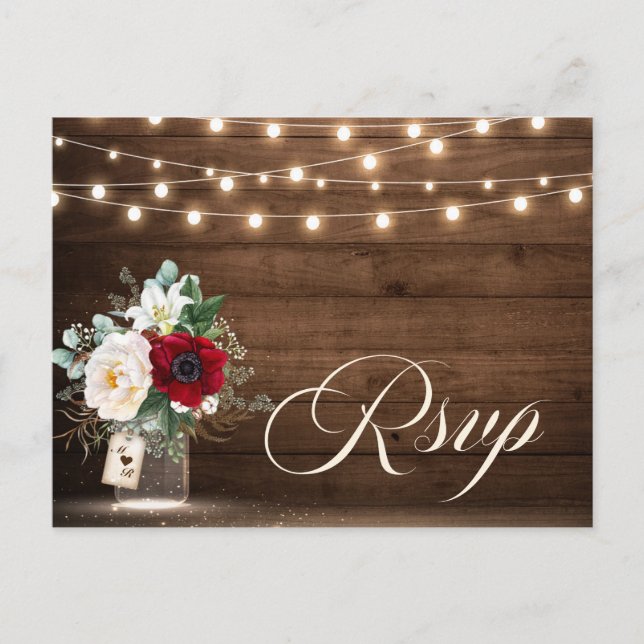 Rustic Wood String Lights Burgundy Floral RSVP Postcard (Front)