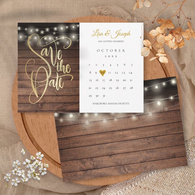 Rustic Wood String Lights Calendar Gold Heart Save The Date (Rustic Wood String Lights Calendar Gold Heart Save The Date)