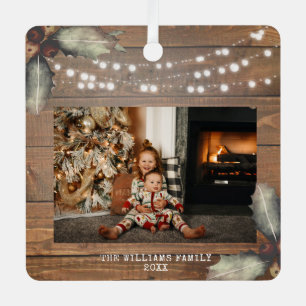 Rustic Wood String Lights Christmas  Metal Ornament