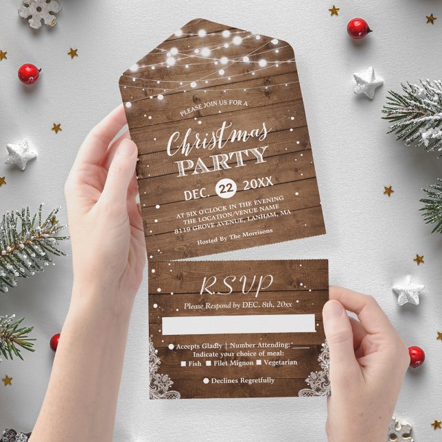 Rustic Wood String Lights Christmas Party All In One Invitation (Creator Uploaded)