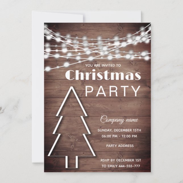 Rustic wood string lights Christmas party Invitation (Front)