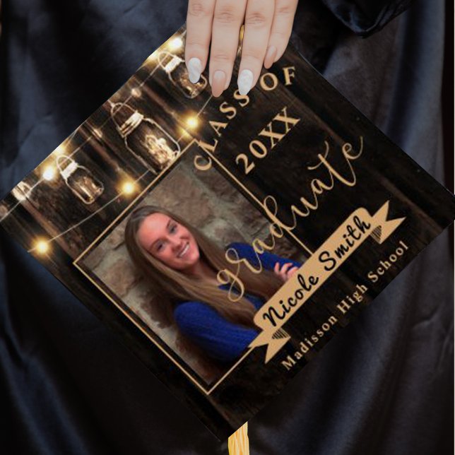 Rustic Wood String Lights Class of 2026 Photo Graduation Cap Topper (Creator Uploaded)