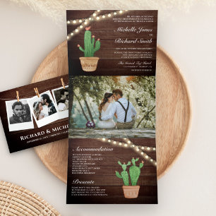 Rustic Wood String Lights Desert Cactus Wedding Tri-Fold Invitation
