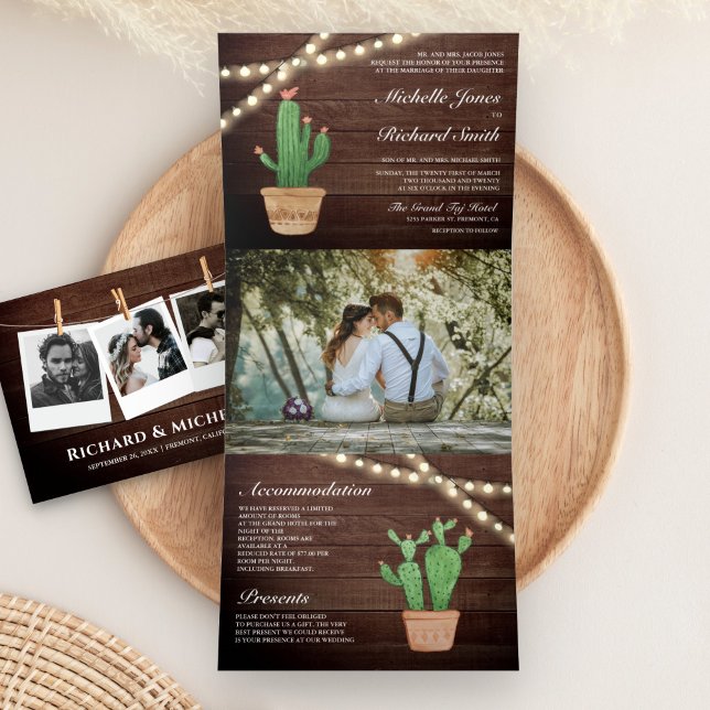 Rustic Wood String Lights Desert Cactus Wedding Tri-Fold Invitation (Creator Uploaded)