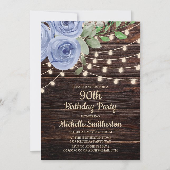 Rustic Wood String Lights Dusty Blue Floral 90th Invitation (Front)