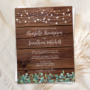 Rustic Wood String Lights Eucalyptus Wedding Invit Invitation Postcard