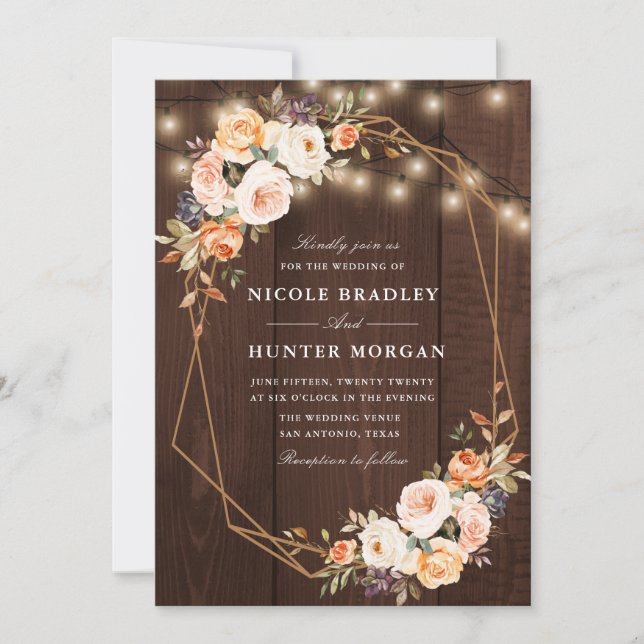 rustic wood string lights fall floral wedding invitation (Front)