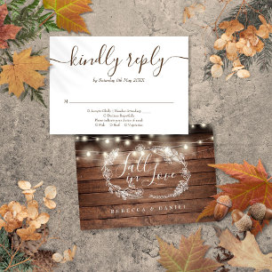Rustic Wood String Lights Fall In Love RSVP Card