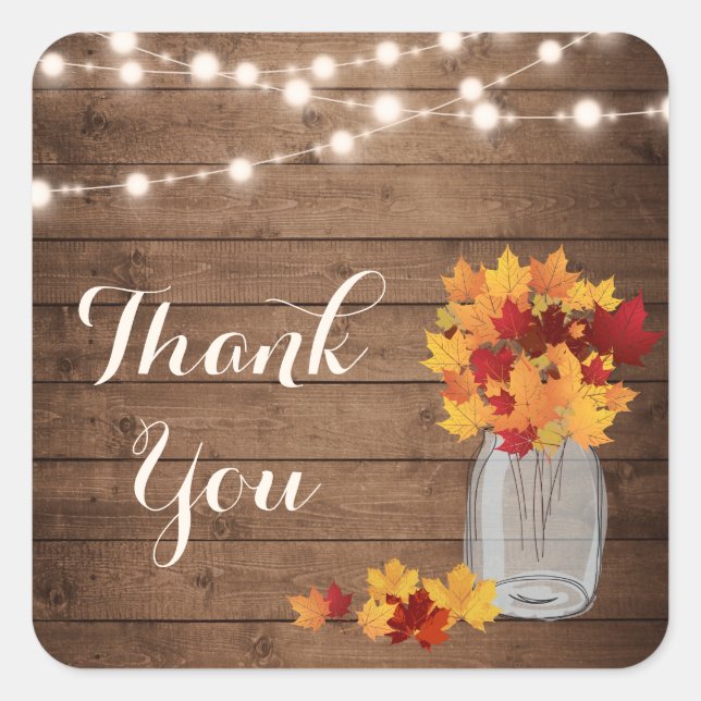 Rustic Wood String Lights Fall Mason Jar Thank You Square Sticker (Front)
