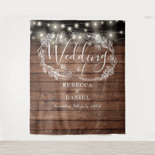 Rustic Wood String Lights Floral Wedding Backdrop Tapestry