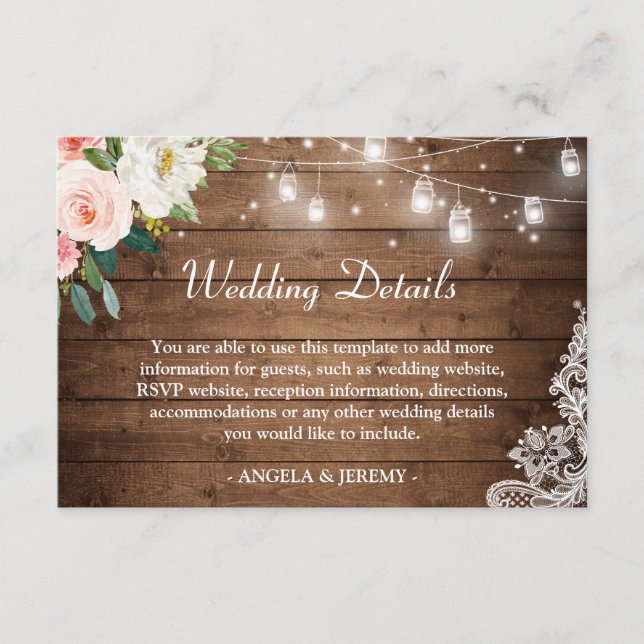 Rustic Wood String Lights Floral Wedding Details Enclosure Card (Front)